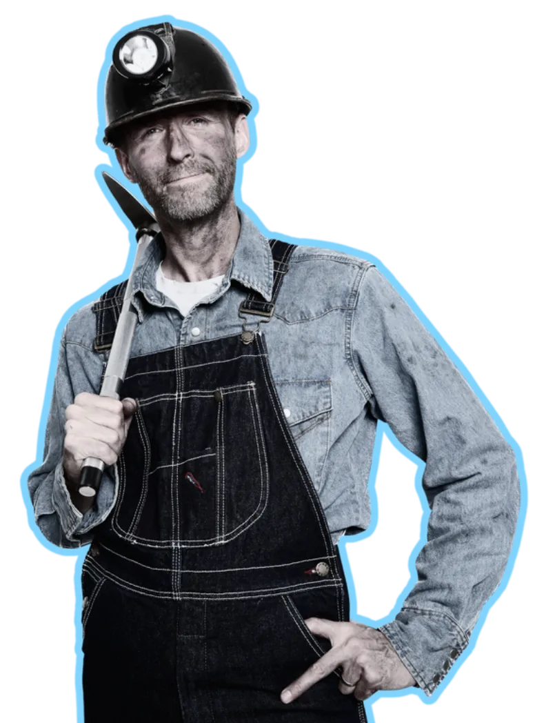 Sylvain in coal-miner gear, pickaxe on his shoulder